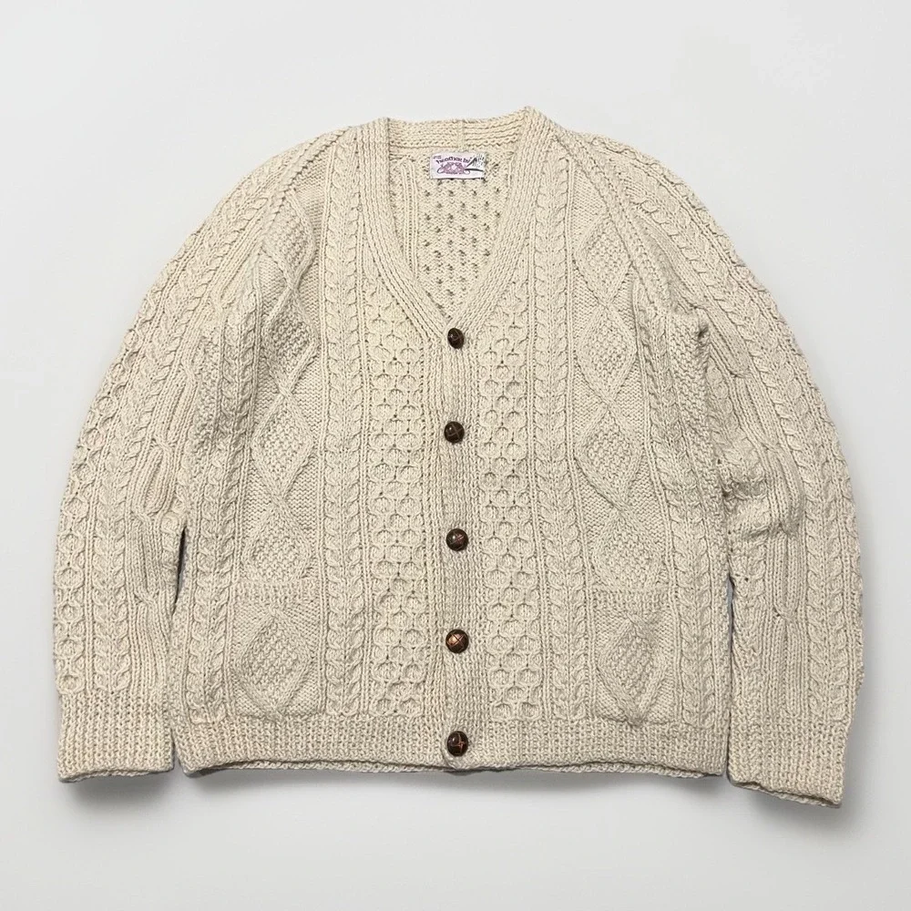 Heather Hill Mens Ivory Hand Chunky Cable Knit Wool Buttons Cardigan Sweater